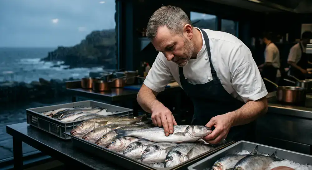 Chef inspeccionando pescado fresco