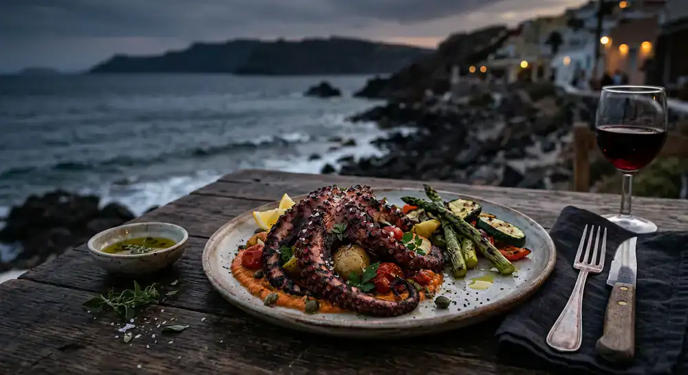 Pulpo a la brasa con guarnición