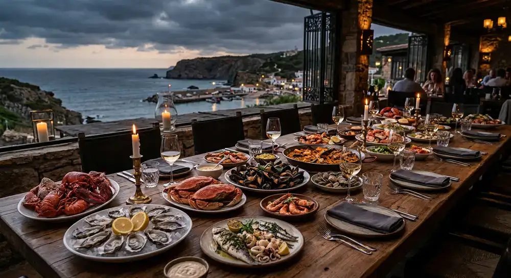 Mesa larga servida con abundantes platillos de mariscos frescos en un ambiente costero elegante