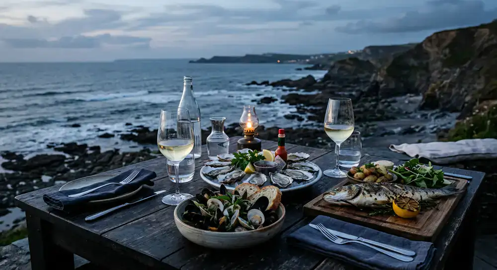 Mesa servida con mariscos frescos y copas en ambiente costero