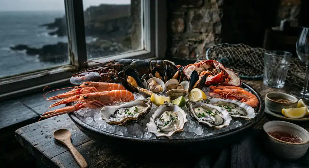 Espectacular plato de mariscos frescos sobre hielo