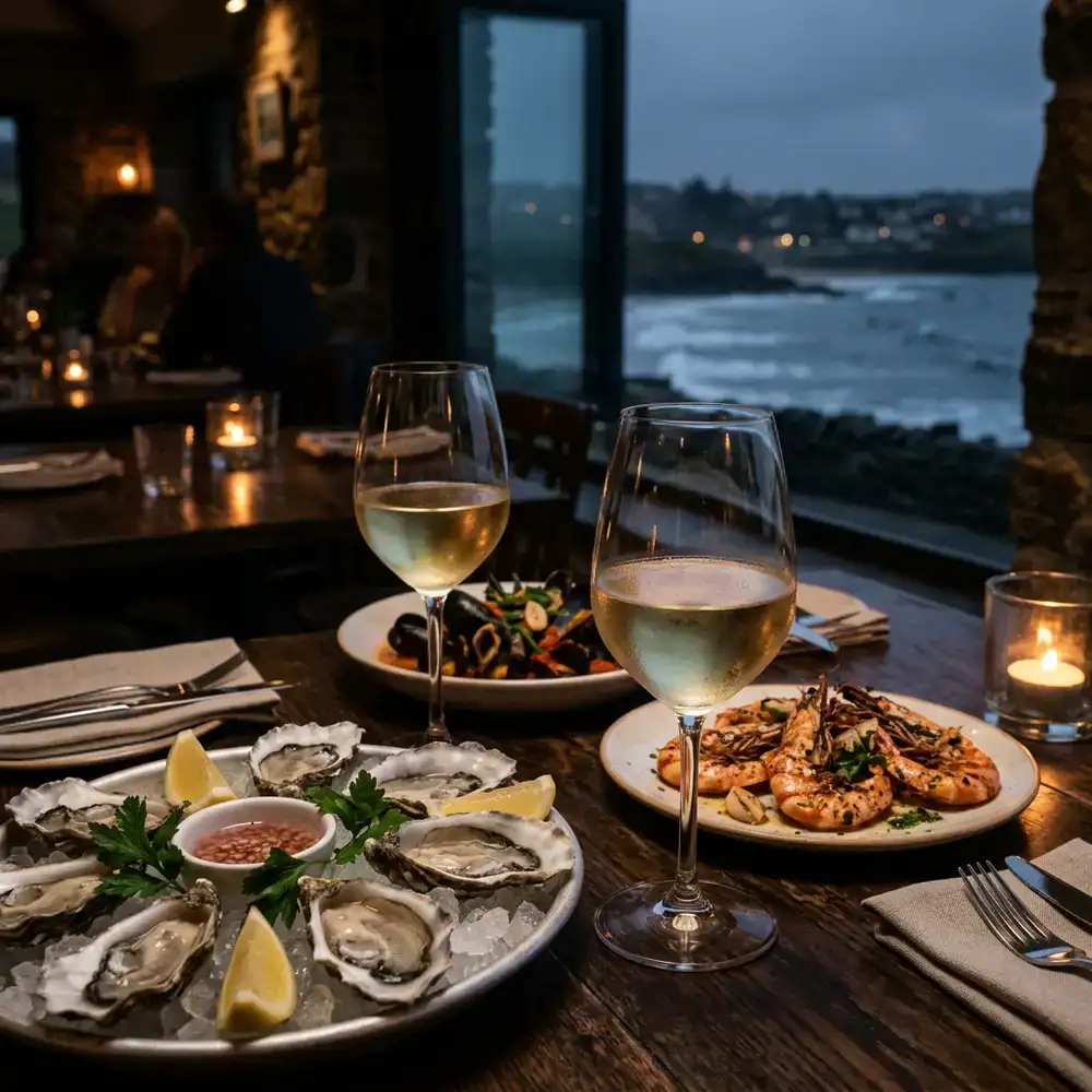 Copas de vino blanco acompañando platillos de mariscos