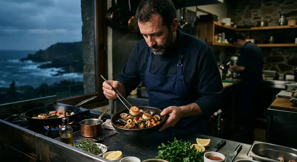 Nuestro Chef preparando un plato de mariscos