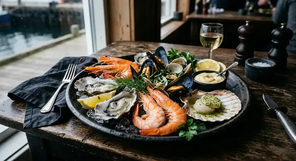 Plato de mariscos frescos con detalles elegantes