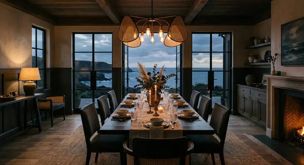 Comedor principal elegante con iluminación cálida